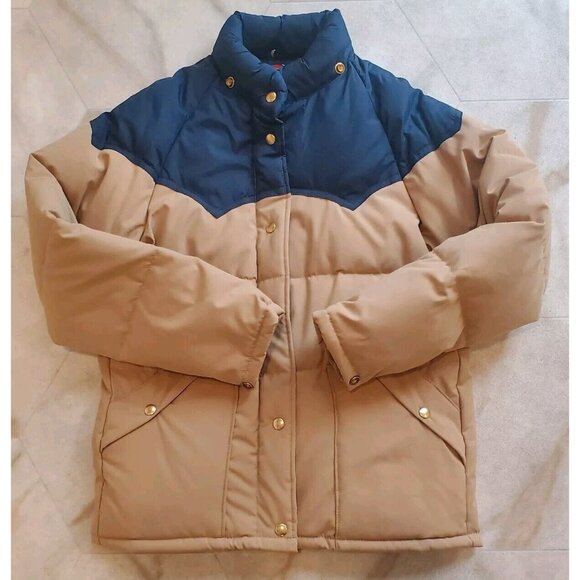 VTG Polar Gear Goose Down Two Tone Tan & Navy Puffer Jacket Medium Zip & Snap - Picture 1 of 11